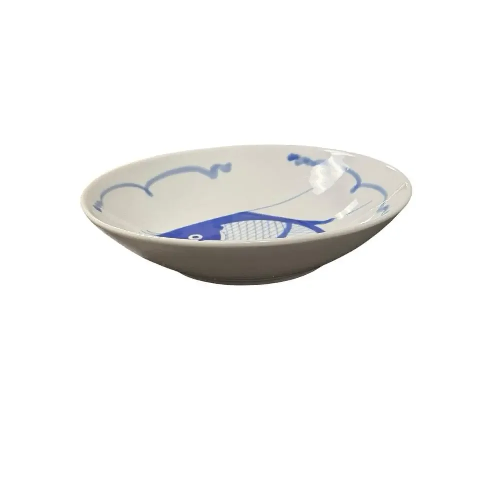 Vintage 1950s Raoping Hand Painted Blue & White Koi Fish Bowl 8in